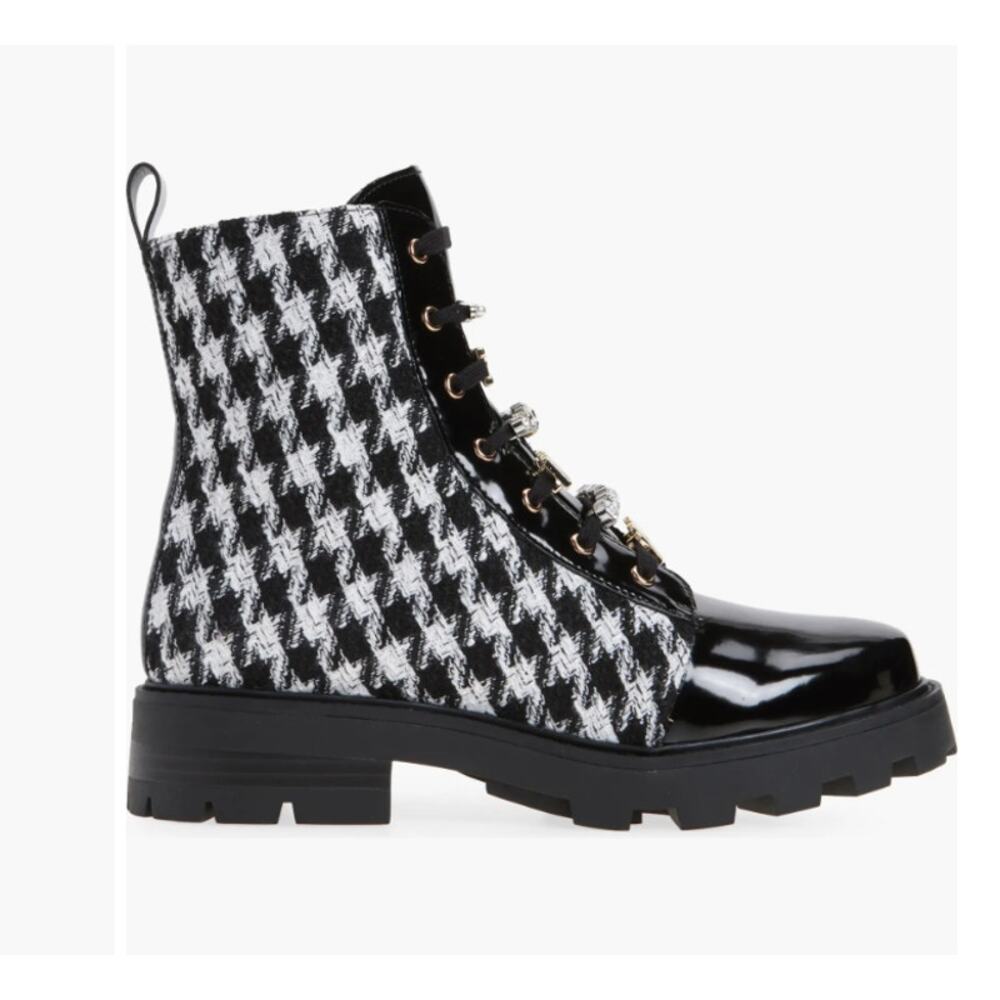 Karl Lagerfeld Paris Mela Tweed Combat Boot | Womens 6, Black White Houndstooth - Picture 5 of 7